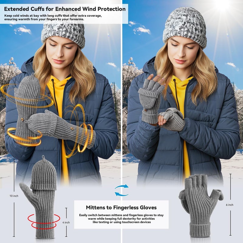 Cierto Winter Gloves for Women & Men | Convertible Fingerless Gloves for Cold Weather,Womens Warm Knit Mittens… - Image 5